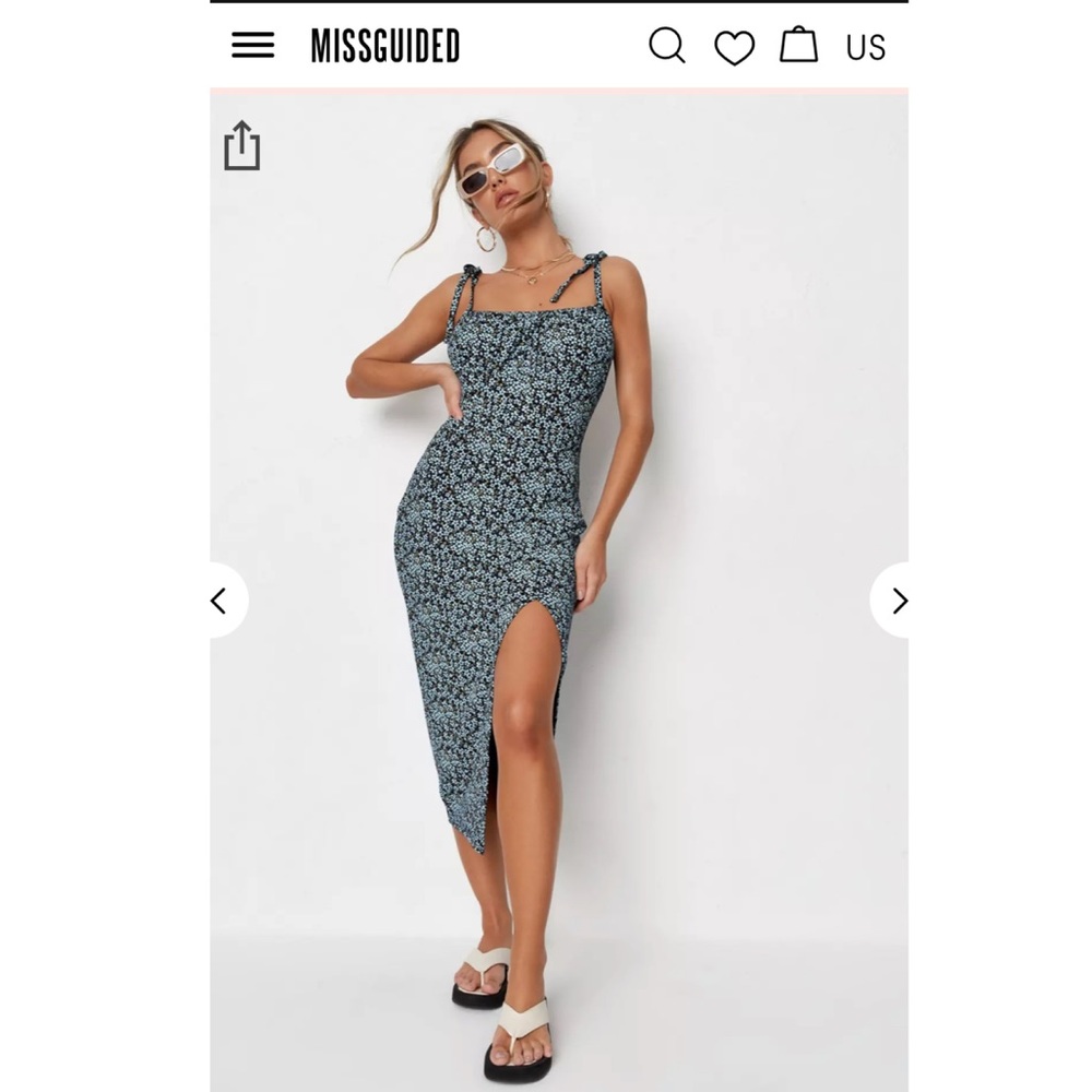 Missguided Blue Floral Tie Shoulder Midi Dress